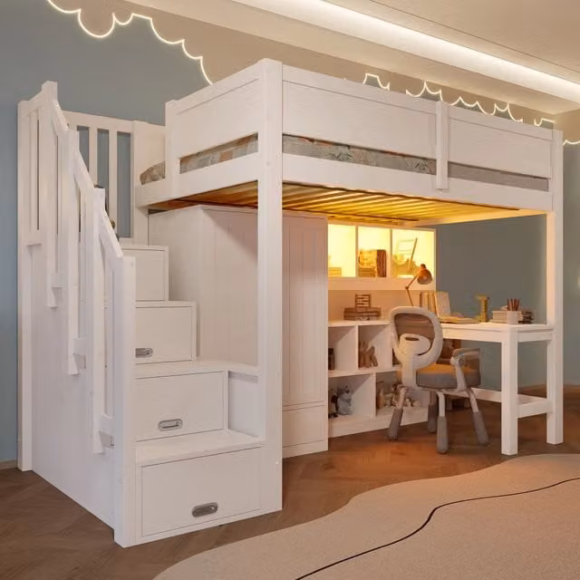 Letto a castello CIPACHO bianco con scrivania regolabile, illuminazione LED e contenitori per bambini L/P: 90 x 200 cm
