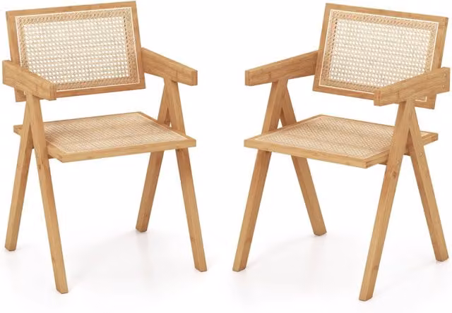 Set 2 Sedie in rattan con telaio naturale in bambù schienale e braccioli-Sedie da pranzo stile mid-century Naturale