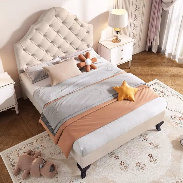 Letto singolo 90×200 cm, testiera imbottita regolabile, senza materasso, supporto in legno, velluto beige