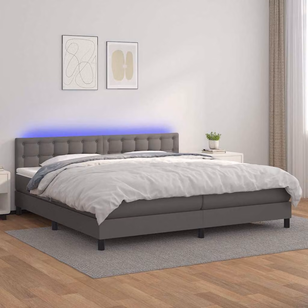 vidaXL Letto con Giroletto a Molle, Materasso Ibrido e Illuminazione LED, Grigio, L/P: 200 x 200 cm – 1