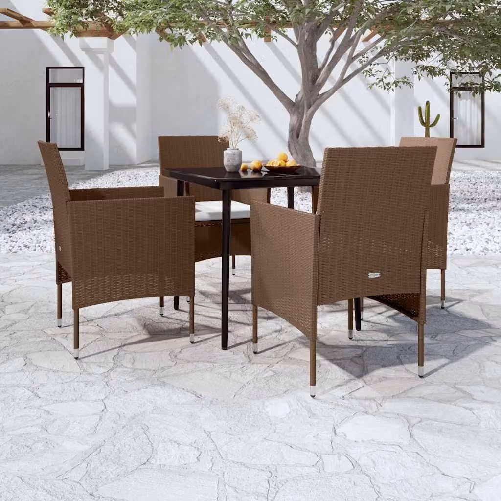 Set da pranzo da giardino vidaXL in rattan e vetro con 5 pezzi, marrone e nero