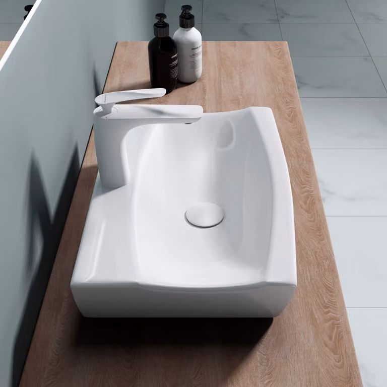doporro Lavabo da Appoggio in Ceramica Bianco Lucido, Lavandino Bagno Moderno con Foro Rubinetto e Rivestimento Nano 47x32x10 cm Brš¹ssel152B