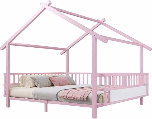 Letto per bambini a casetta 140x200 cm in metallo rosa con sponde di sicurezza