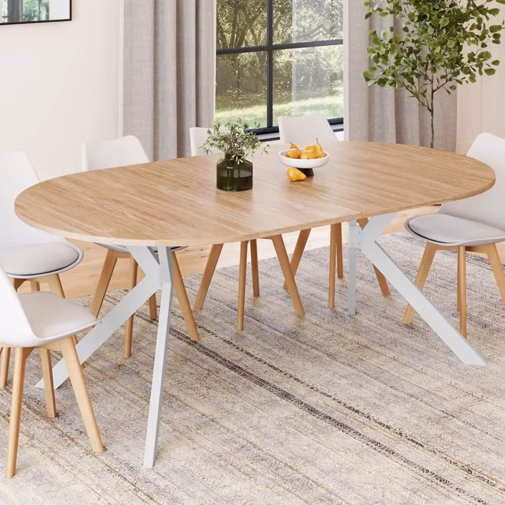 IDMarket Tavolo da pranzo rotondo ALIX allungabile per 4-10 persone con gamba in legno e struttura a ragno bianca, Diametro: 110-200 cm, H: 75 cm – 2