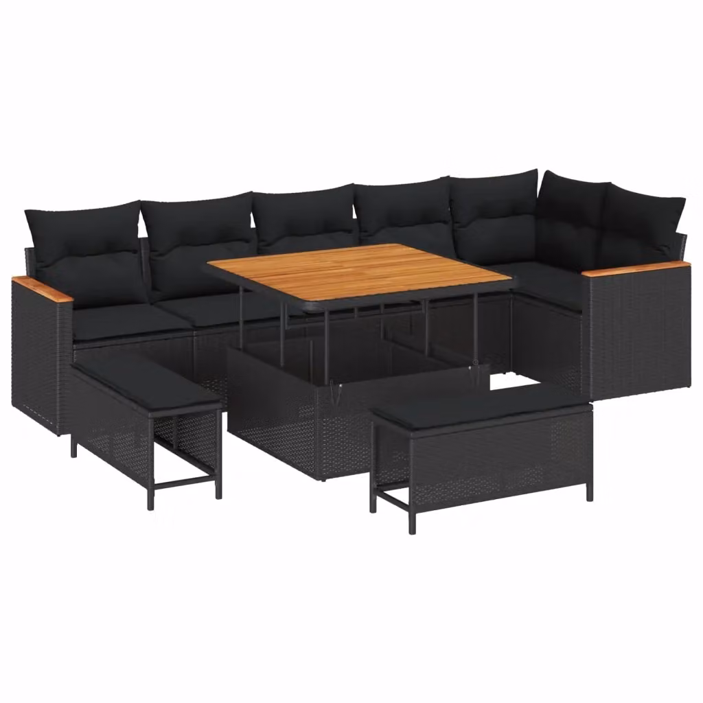 Set Divano da Giardino vidaXL in Poly Rattan Nero con 9 Pezzi e Cuscini Inclusi – 2