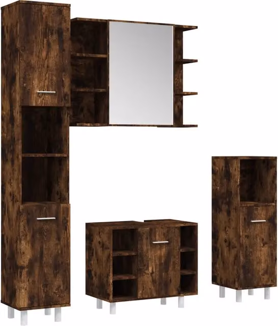Set Mobili da Bagno Moderno 4 Pezzi in Legno Multistrato Rovere Fumo Marrone con Specchio e Mensole Interne