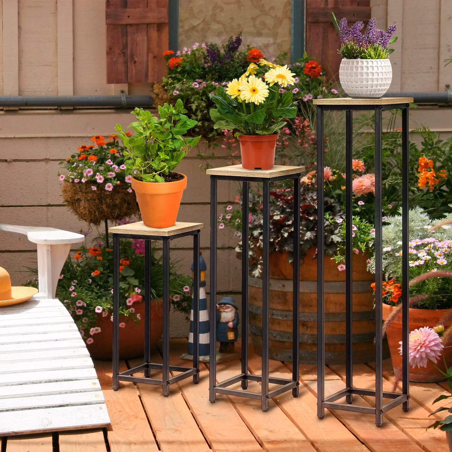 Set di 3 supporti porta vasi Outsunny in acciaio nero, impilabili e quadrati, L/P/H: 21 x 21 x 50/70/90 cm – 2
