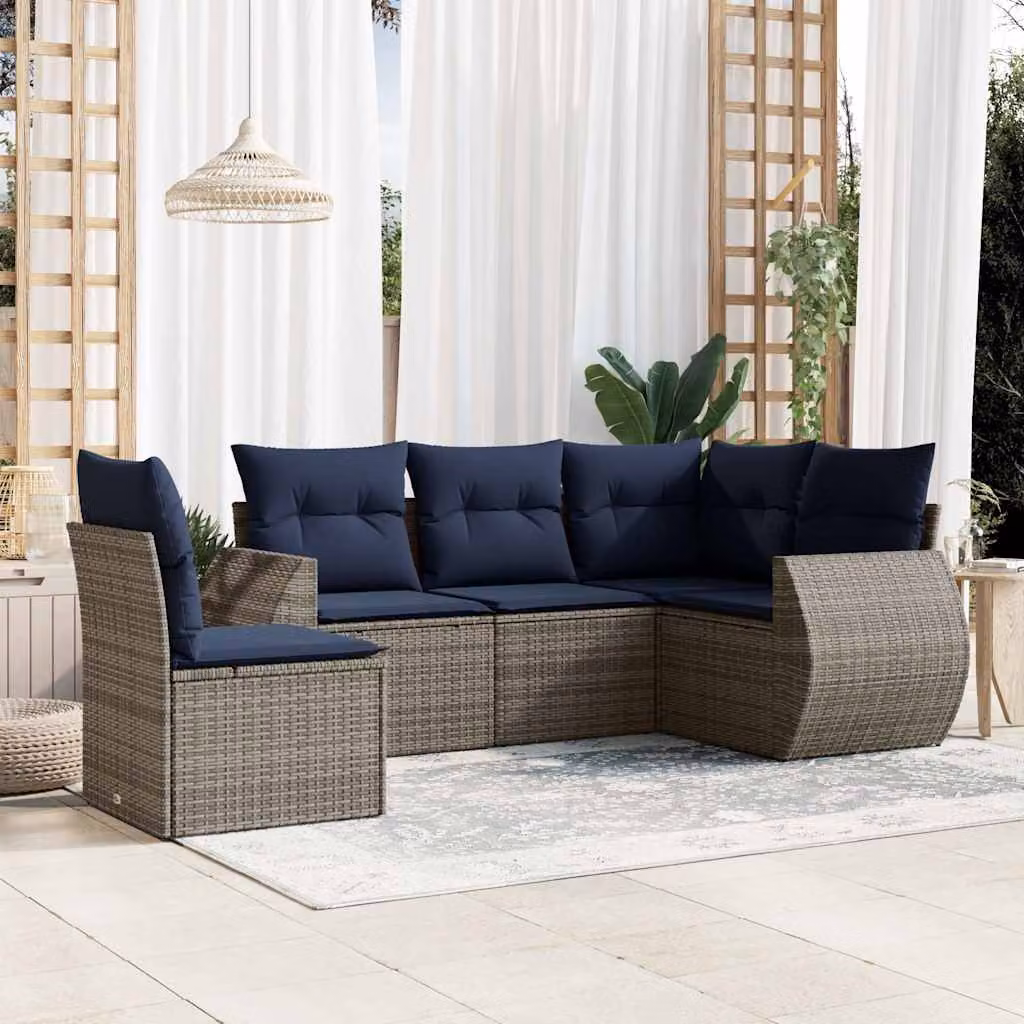 Set Divani da Giardino vidaXL 5 pz a Forma a L con Cuscini Blu e Grigio in Polyrattan e Struttura in Metallo