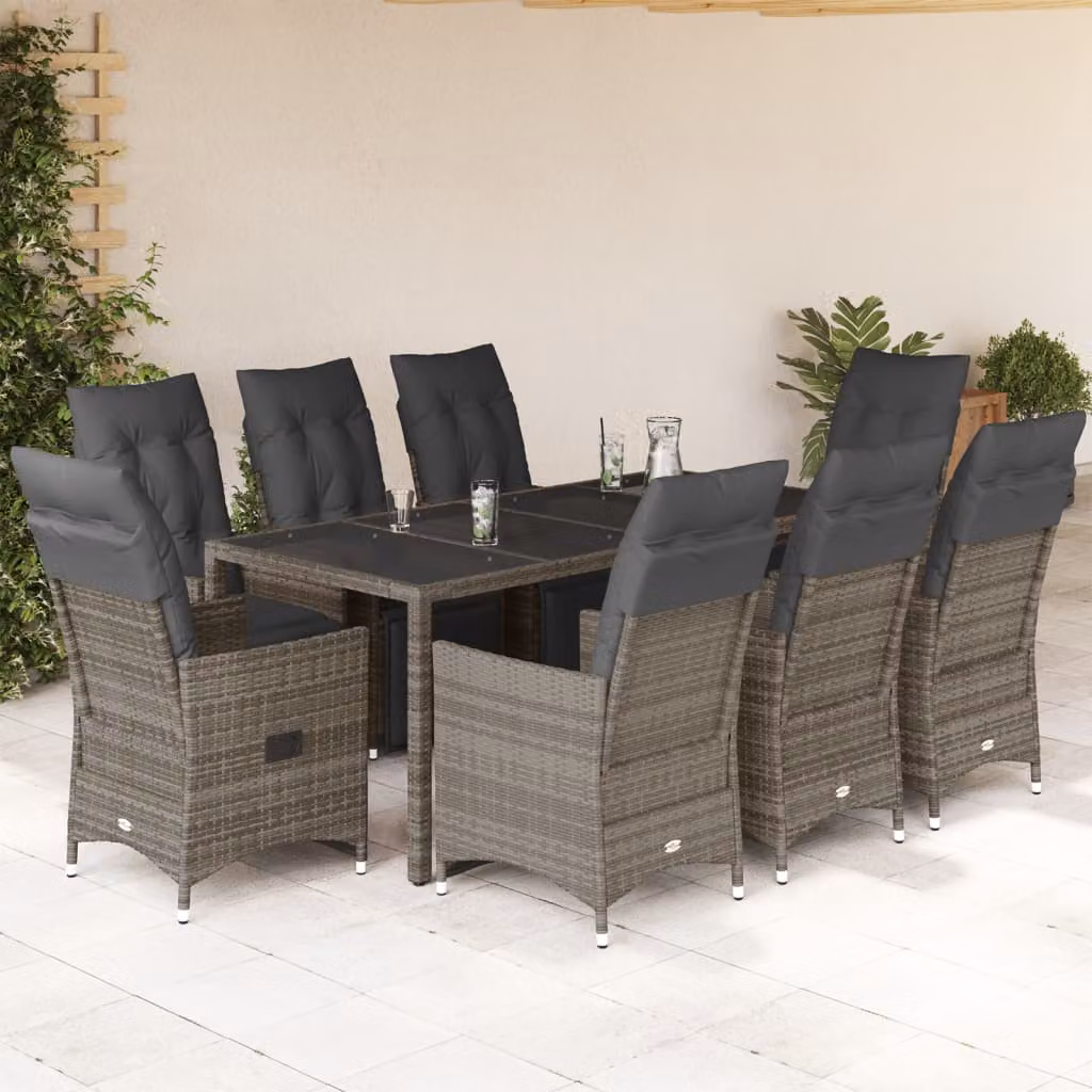 vidaXL Set Bistrò da Giardino 9 pz in Polyrattan e Metallo con Cuscini e Piano in Vetro Grigio – 1
