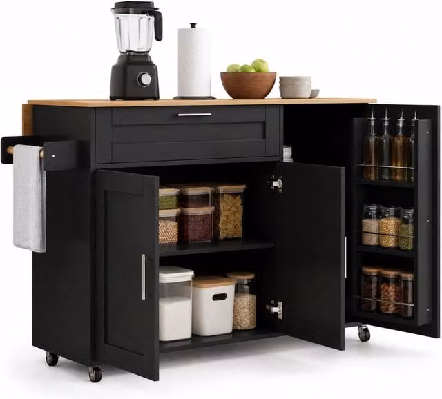 Carrello da cucina 132,5x44 cm in MDF nero e naturale, piano ribaltabile, 5 ruote