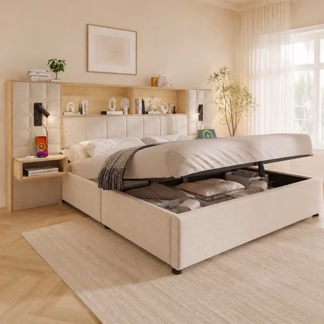 Letto matrimoniale 160 × 200 cm con vano idraulico, comodini, luci da lettura e USB Type-C, senza materasso