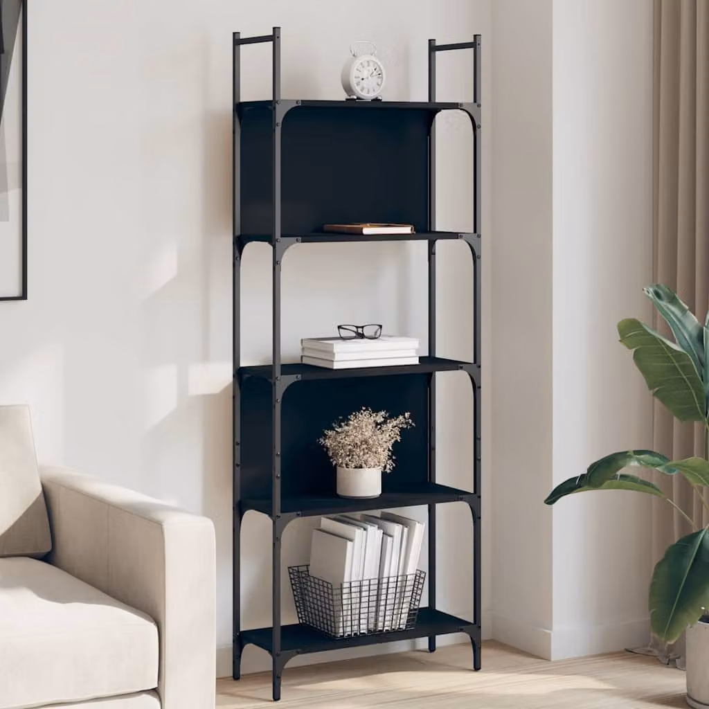 Libreria a 5 Ripiani vidaXL Nera in Legno e Metallo L: 60,5 cm, P: 24 cm, H: 166,5 cm