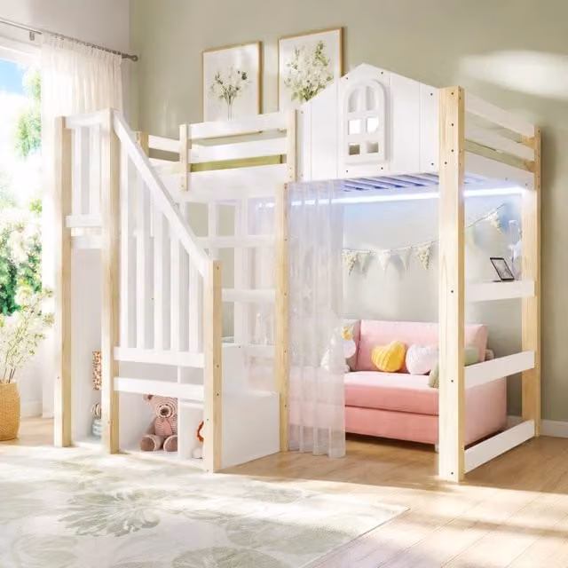 Letto a soppalco 90x200 cm con LED, scala contenitore e tenda, bianco naturale