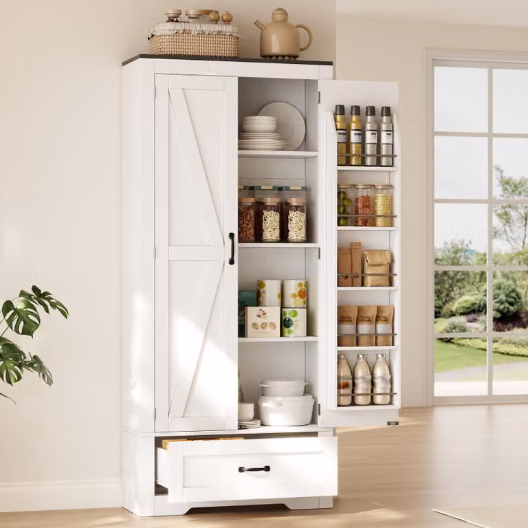 Mobiletto da cucina 80x35x183, con 2 ante, 1 cassetto, ripiani interni e pensile
