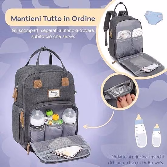 Borsa da Comodino per Bambini con Cuscino di Cambio Portatile e Cinturino per Carrello, Multifunzionale, Grigio Scuro