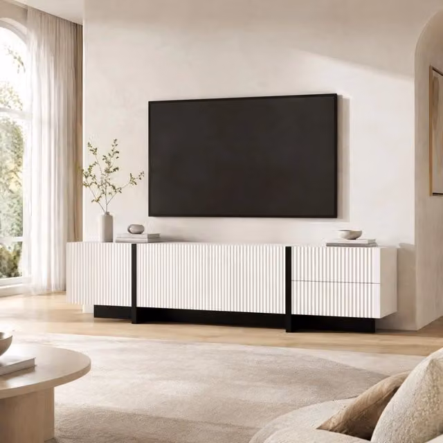 Mobile TV 190x35x45 cm bianco e nero in MDF e PB con 2 cassetti e 3 ante