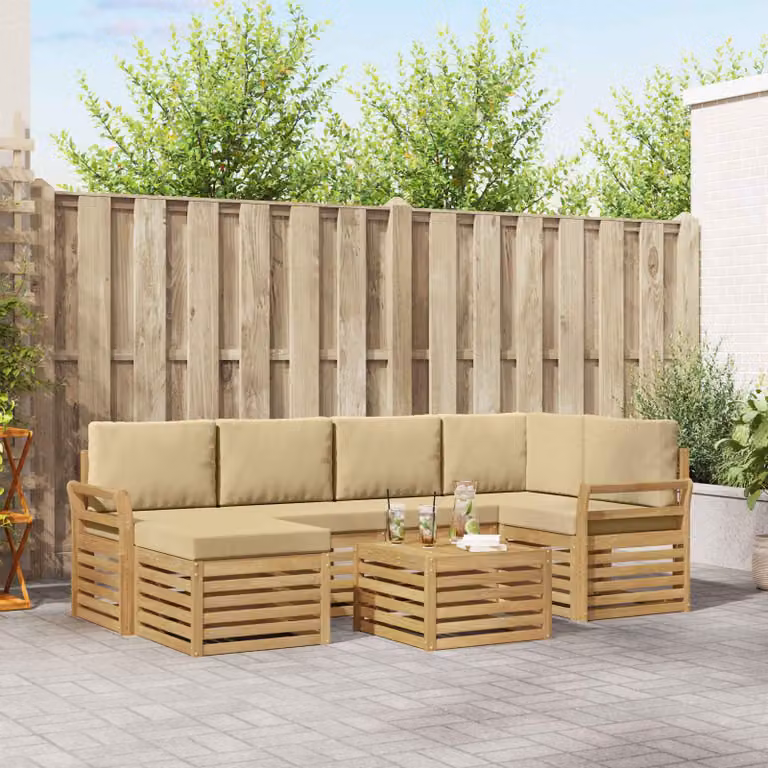 vidaXL Set di divani da esterno moderno a L composto da 7 pezzi in legno di acacia con cuscini Bianco e Beige