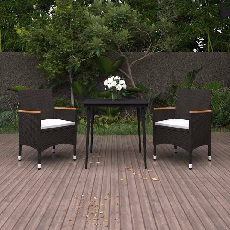Set da pranzo per giardino vidaXL in polyrattan con cuscini e tavolo in vetro nero e bianco