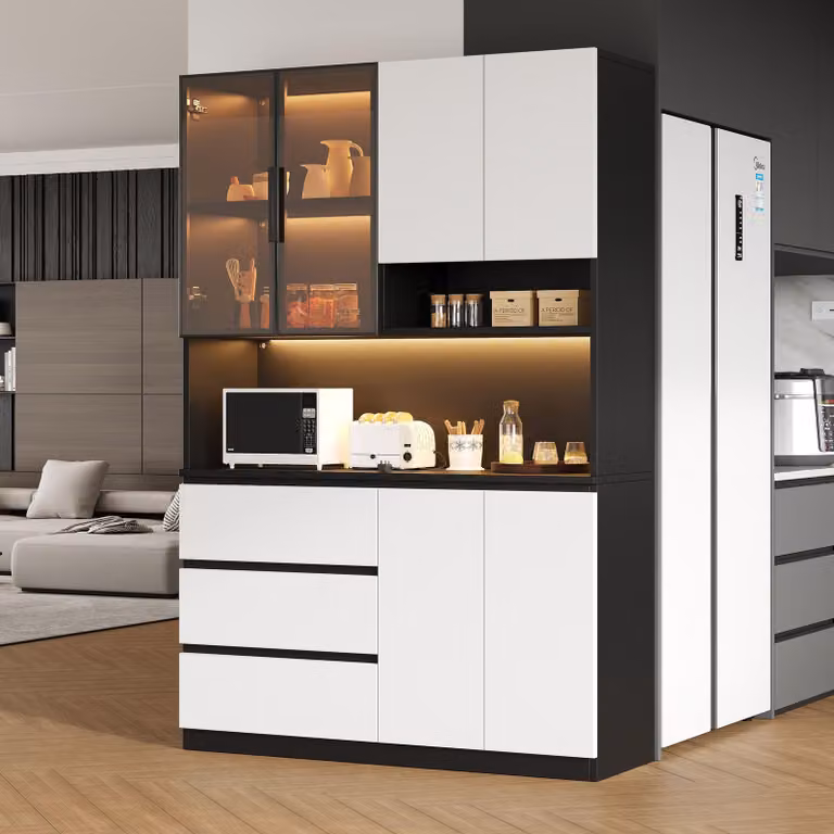 Mobile da cucina Merax Vetrina da cucina con illuminazione a LED, 3 cassetti, 6 ante, ripiani, multifunzionale, colonna, mobile buffet, bianco+nero