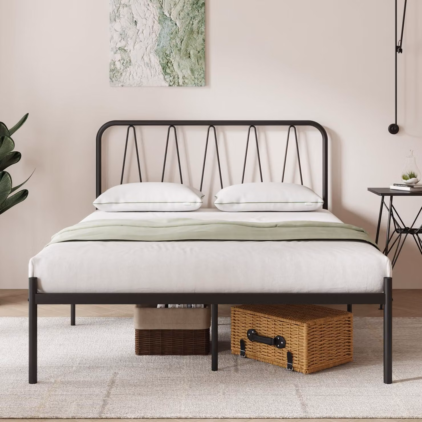 Letto a telaio in metallo, dimensioni 90x200 cm, con testiera, colore nero, rete a doghe in acciaio