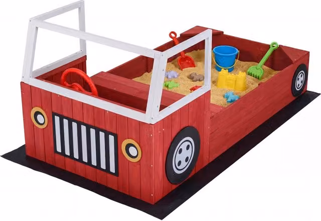 Sabbiera per bambini in legno massello a forma di autopompa con panca e sedile, colore rosso