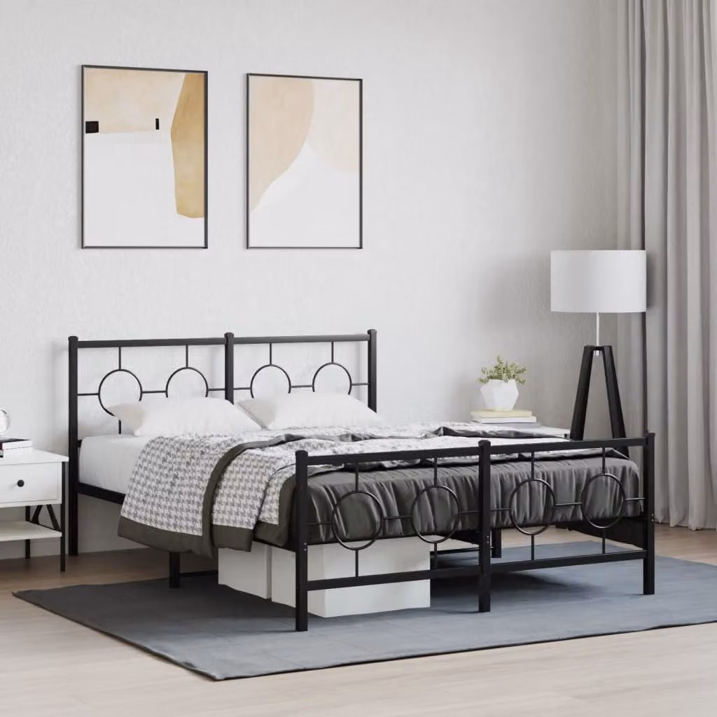 vidaXL Giroletto in metallo con testiera e pediera, colore nero opaco, L: 142 cm, P: 196 cm, H: 91 cm