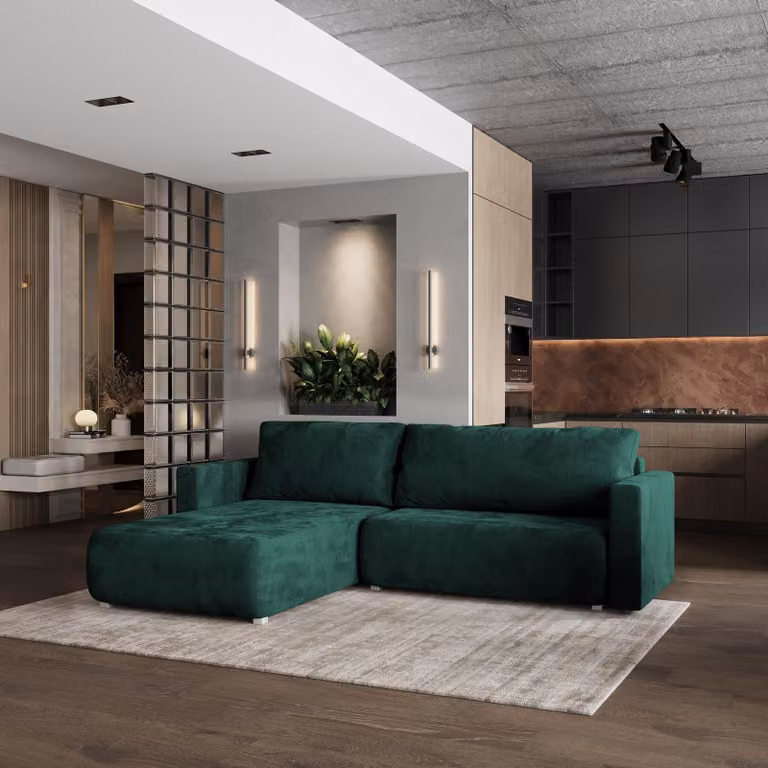 Divano angolare Masseno TURIN M con funzione letto a L, divano con box letto, divano da salotto, divano, divano, divano letto, set di divani - verde, MONOLITH 37