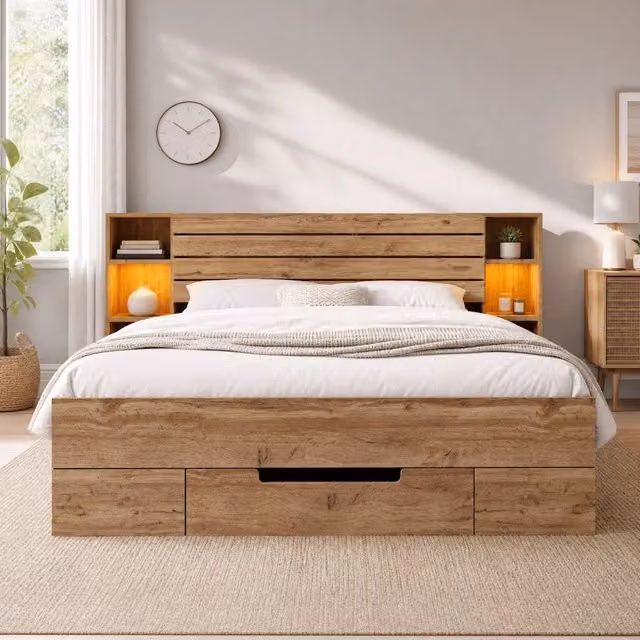 Letto matrimoniale 160 × 200 cm con rete a doghe in legno e metallo rovere LED USB e USB C con cassetti