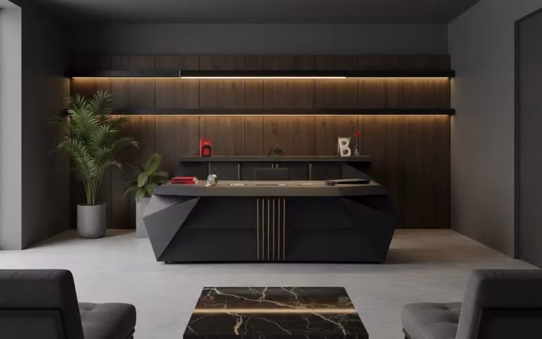 Scrivania esclusiva nera con struttura di design, ideale per ufficio direzionale