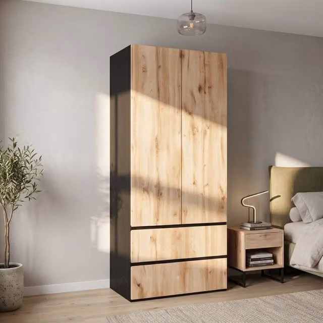 Armadio guardaroba 2 ante con appendiabiti e 2 cassetti 90x50x200 cm effetto rovere
