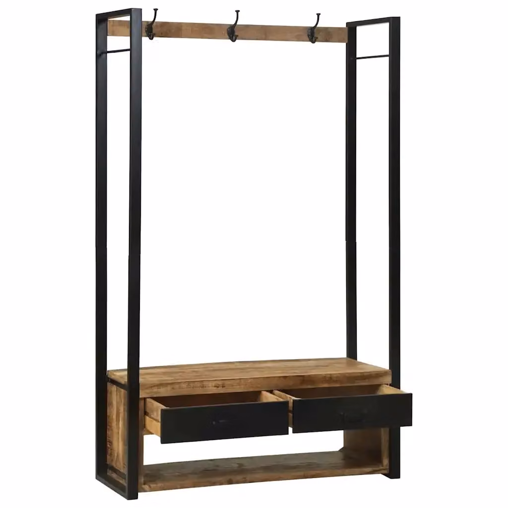 Appendiabiti con panca e cassetto vidaXL in legno di mango e metallo, stile industrial, marrone, H: 179 cm, L: 110 cm, P: 40 cm – 2