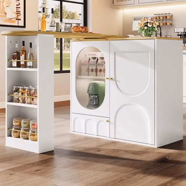 Tavolo da pranzo girevole a 360° con 3 ante e ripiani estraibili, per cucina e soggiorno, bianco, 138 × 39 × 105 cm