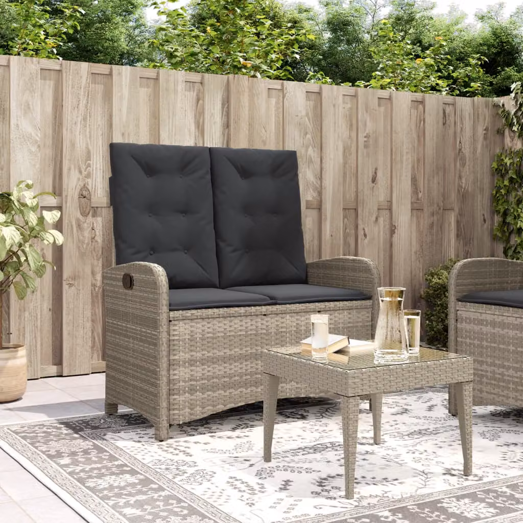 vidaXL Panca Reclinabile da Giardino in Polyrattan e Metallo con Cuscini in Tessuto Grigio