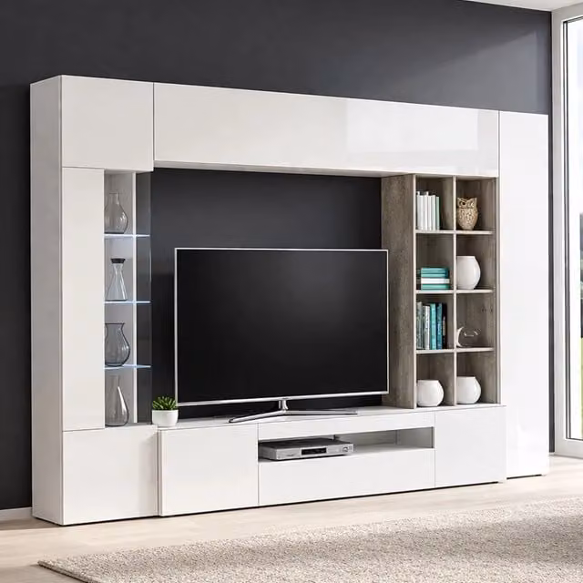Parete Attrezzata per Soggiorno DMORA Moderna in Bianco Lucido e Grigio L: 290 cm, P: 40 cm, H: 192 cm – 1