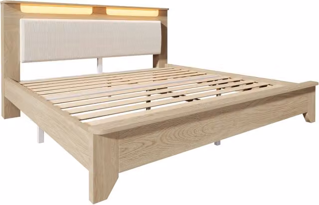 Letto matrimoniale 160×200 cm in quercia chiara con testiera imbottita in velluto beige, LED integrata e rete a doghe