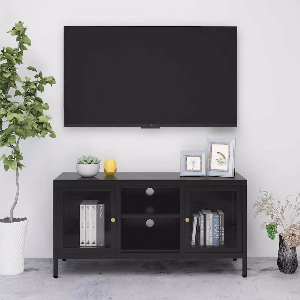 Mobile TV vidaXL Nero in Metallo e Vetro L: 105 cm, P: 35 cm, H: 52 cm