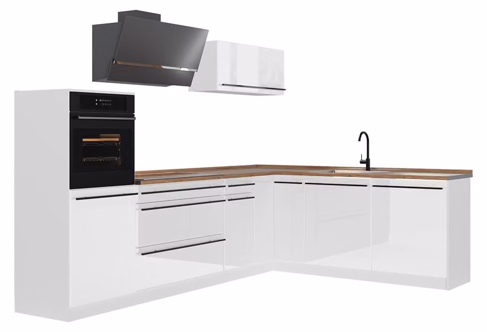 Cucina angolare completa Vicco R-Line Bianco lucido/Bianco 287 x cm piano di lavoro Rovere dorato, Model 66774