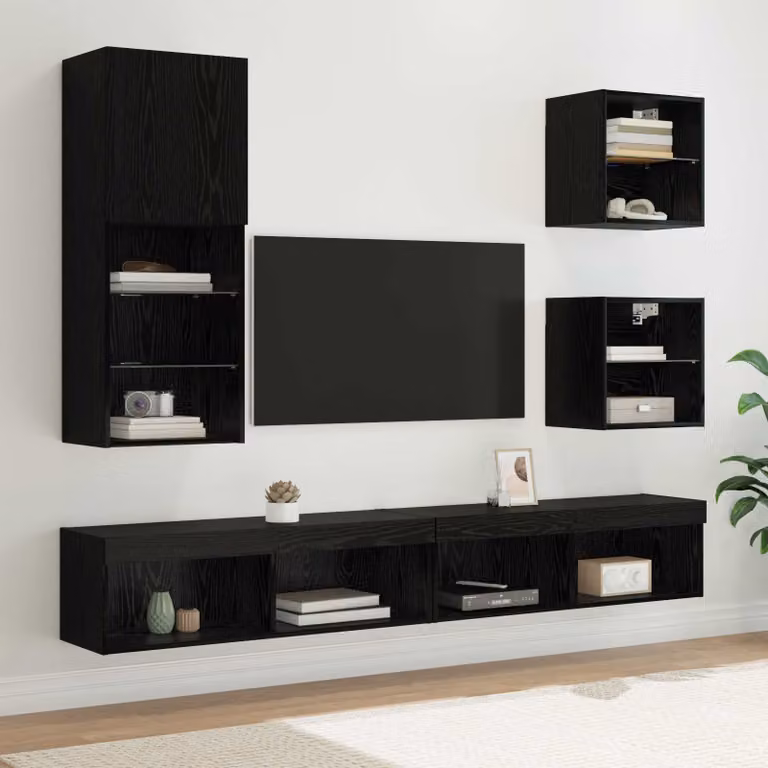 Unità a muro per TV moderna vidaXL con illuminazione LED integrata, Rovere e Nero, L 100 x P 30 x H 30 cm