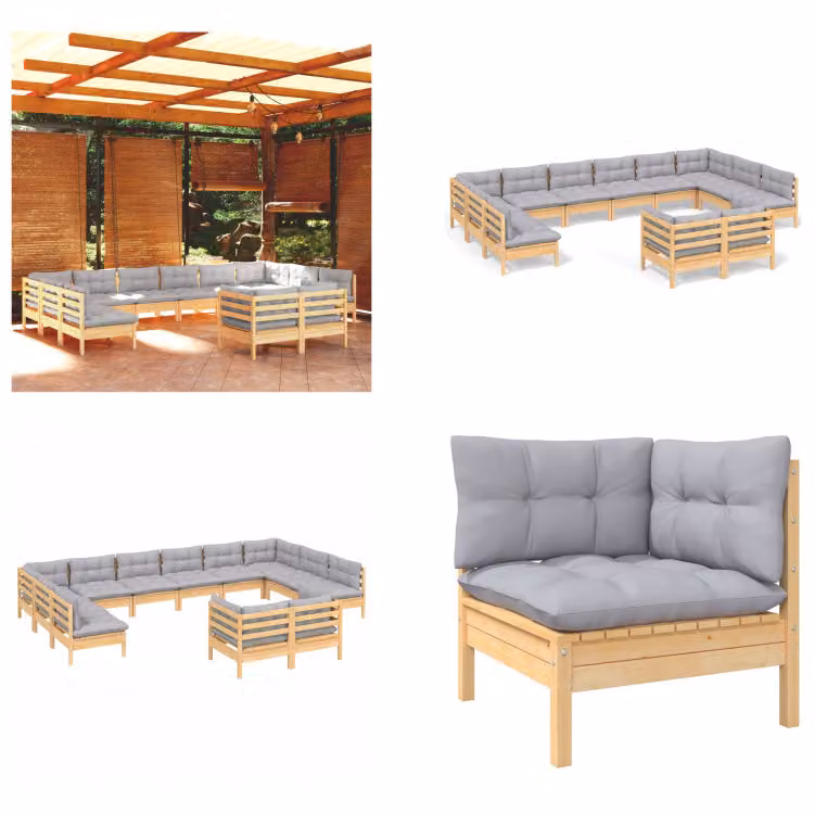 vidaXL Set salotto da giardino 12 pezzi con cuscini grigi in pino massiccio - Set salotto da giardino - Set salotto da giardino - Set arredo giardino - Set arredo giardino