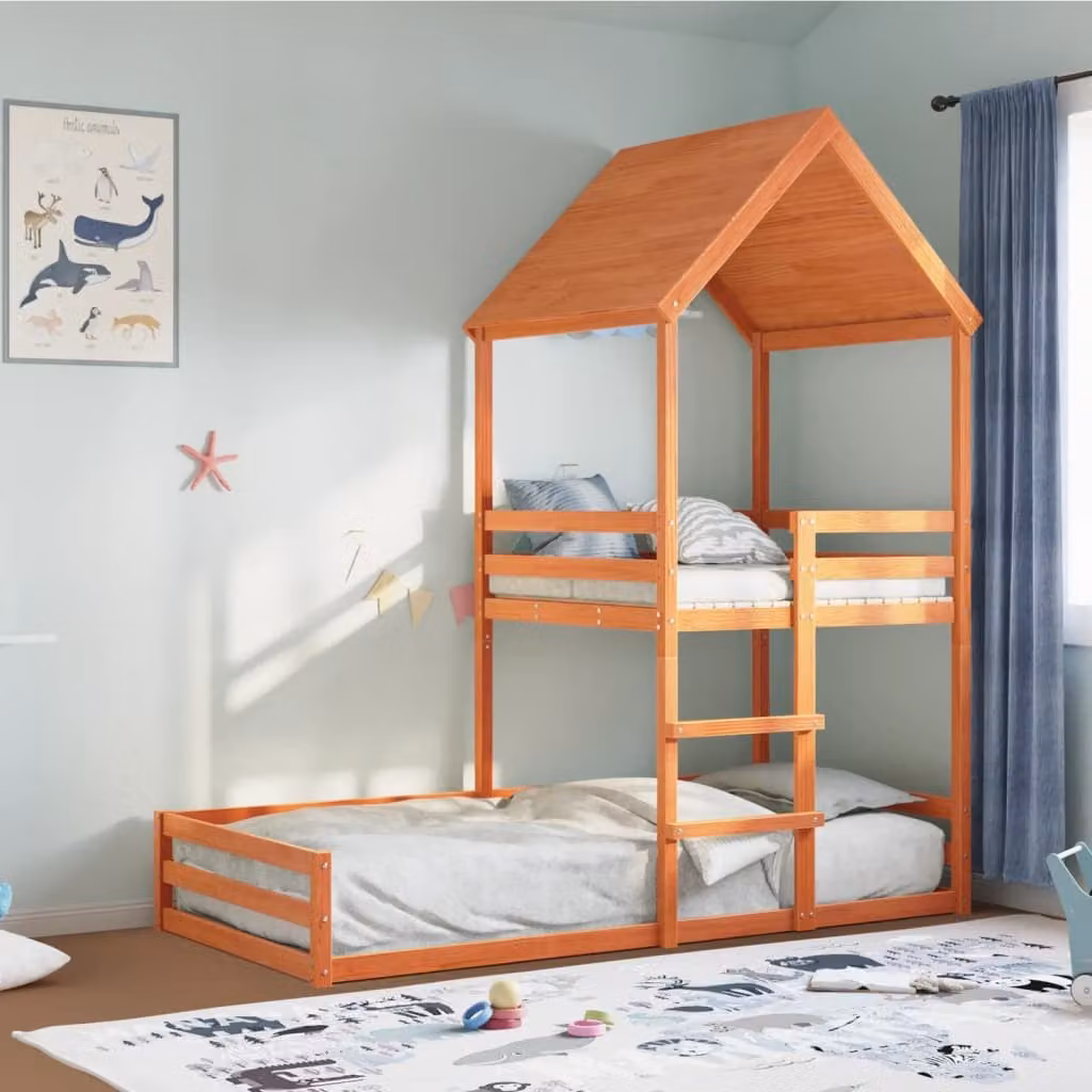 Letto a Castello vidaXL in Legno Massello di Pino con Struttura a Casetta, Colore Marrone Cera, 90x190 cm – 1