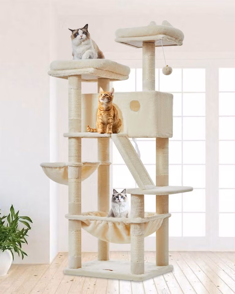 Albero per gatti di grandi dimensioni, 146 cm di altezza, 7 pali da graffio, 2 piattaforme, una cuccia, un'amaca, palline di peluche, colore beige