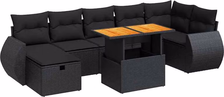 Set Divani da Giardino 5 pz con Cuscini Nero Polyrattan Acacia