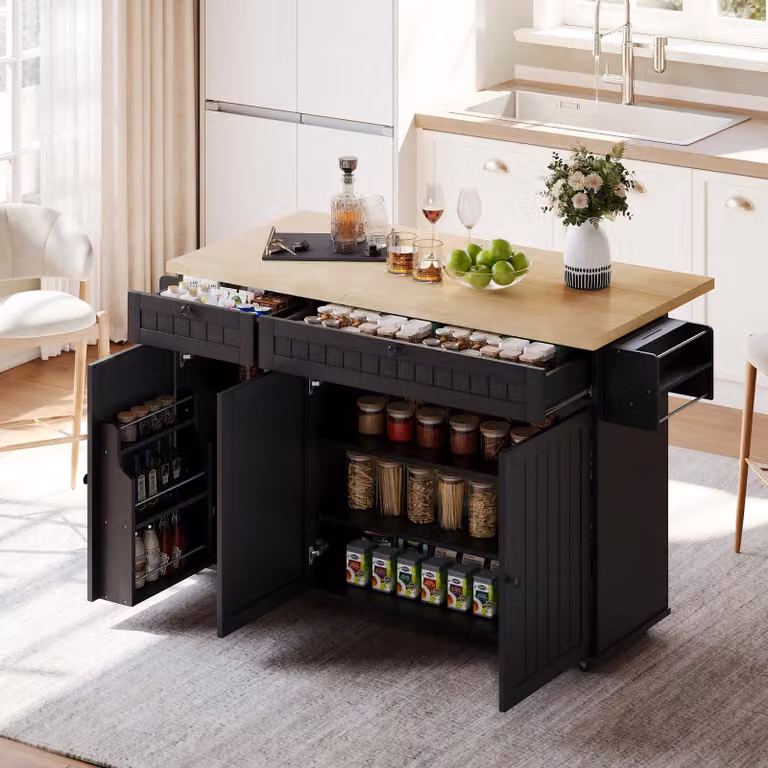 Isola da cucina Fortuna Lai con piano di lavoro pieghevole, mobile da cucina su 6 ruote bloccabili, con ripiano, ripiano porta, 2 cassetti grandi e vano chiuso, colore nero, dimensioni 137 x 89,5 x 45 cm