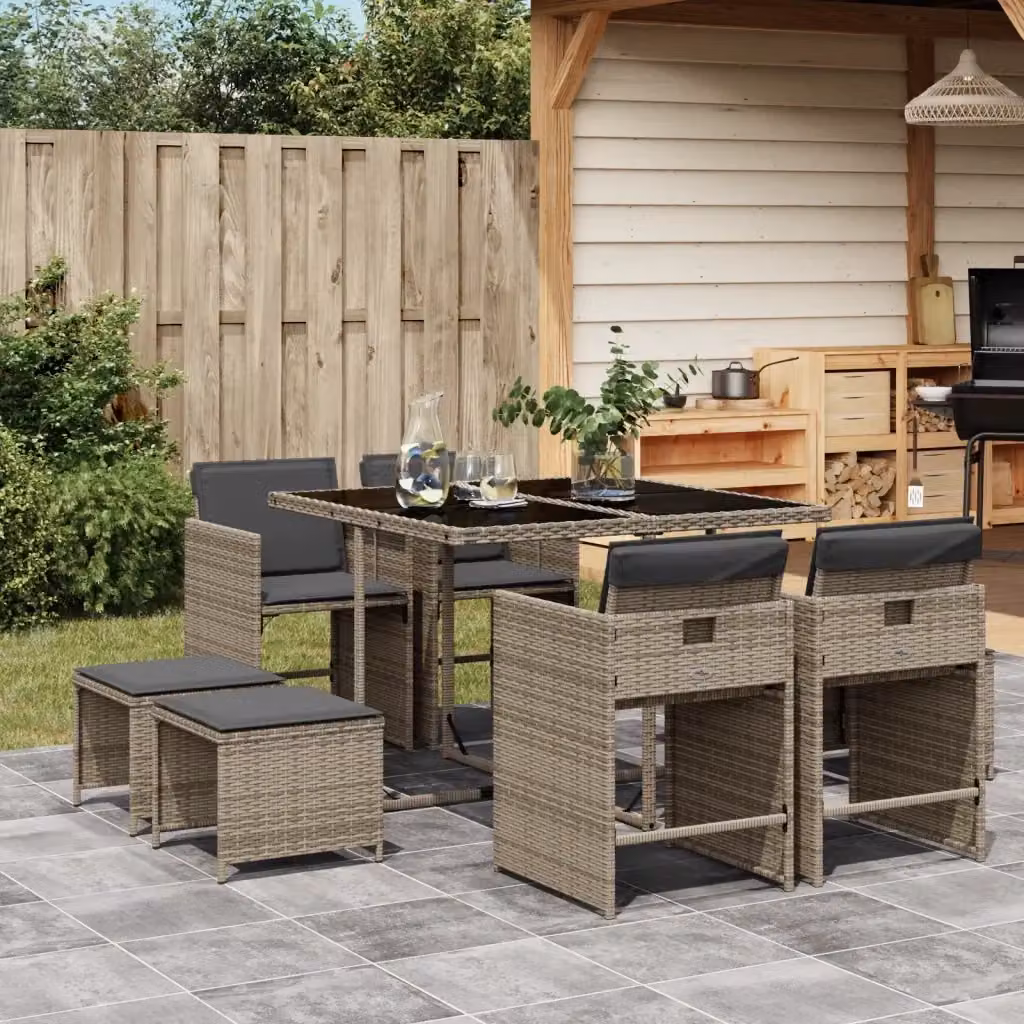 Set da Pranzo da Giardino 9 Pezzi in Polyrattan Grigio e Nero con Piano in Vetro – 2