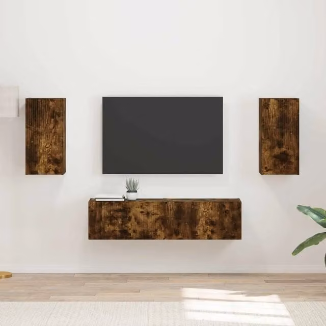Set mobile TV 4 pz-Credenza per TV Rovere fum¨¦ Legno multistrato 979410