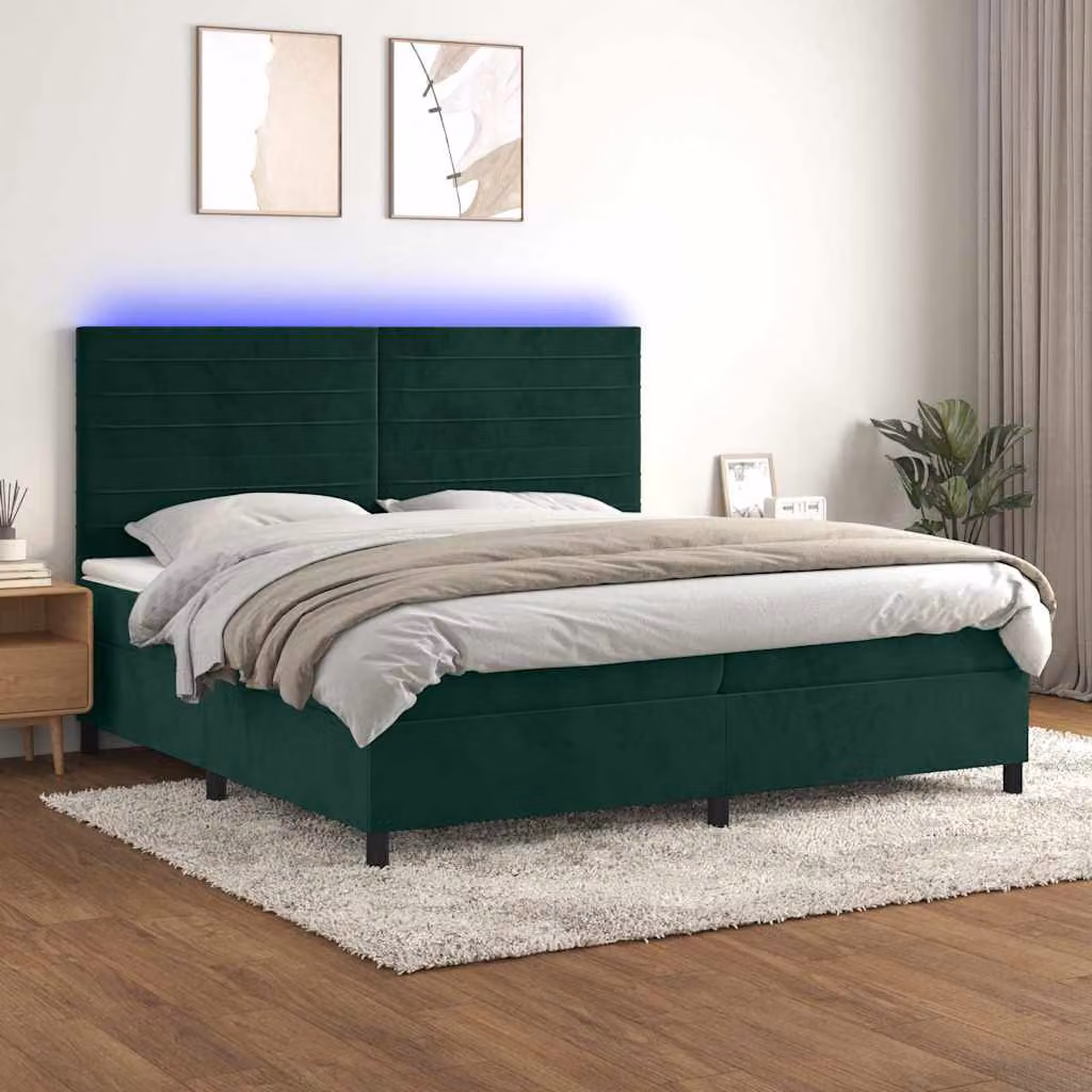 vidaXL Letto Ibrido con Materasso a Molle Individuali e Illuminazione LED in Velluto Verde, L 200 cm x P 200 cm x H 203 cm – 1