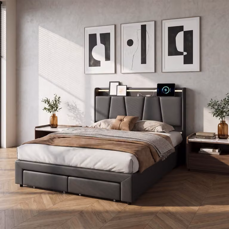 Letto imbottito INONEFT, 140x190 cm, con spazio contenitore, letto per ragazzi con funzionalità di ricarica (USB e Type-C), letto a molle con LED e rete a doghe, tessuto in lino, colore grigio