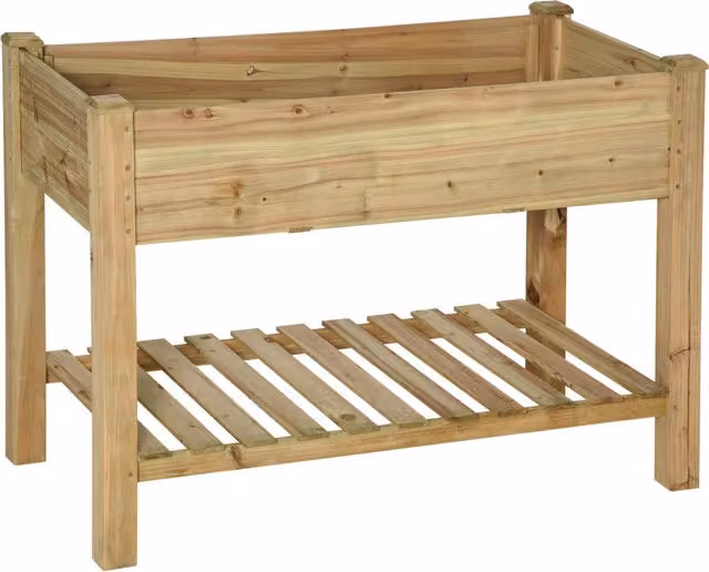 Fioriera rialzata Outsunny con ripiano di stoccaggio in legno naturale, aiuola quadrata per orto e giardino, L: 113 cm, P: 56 cm, H: 84 cm