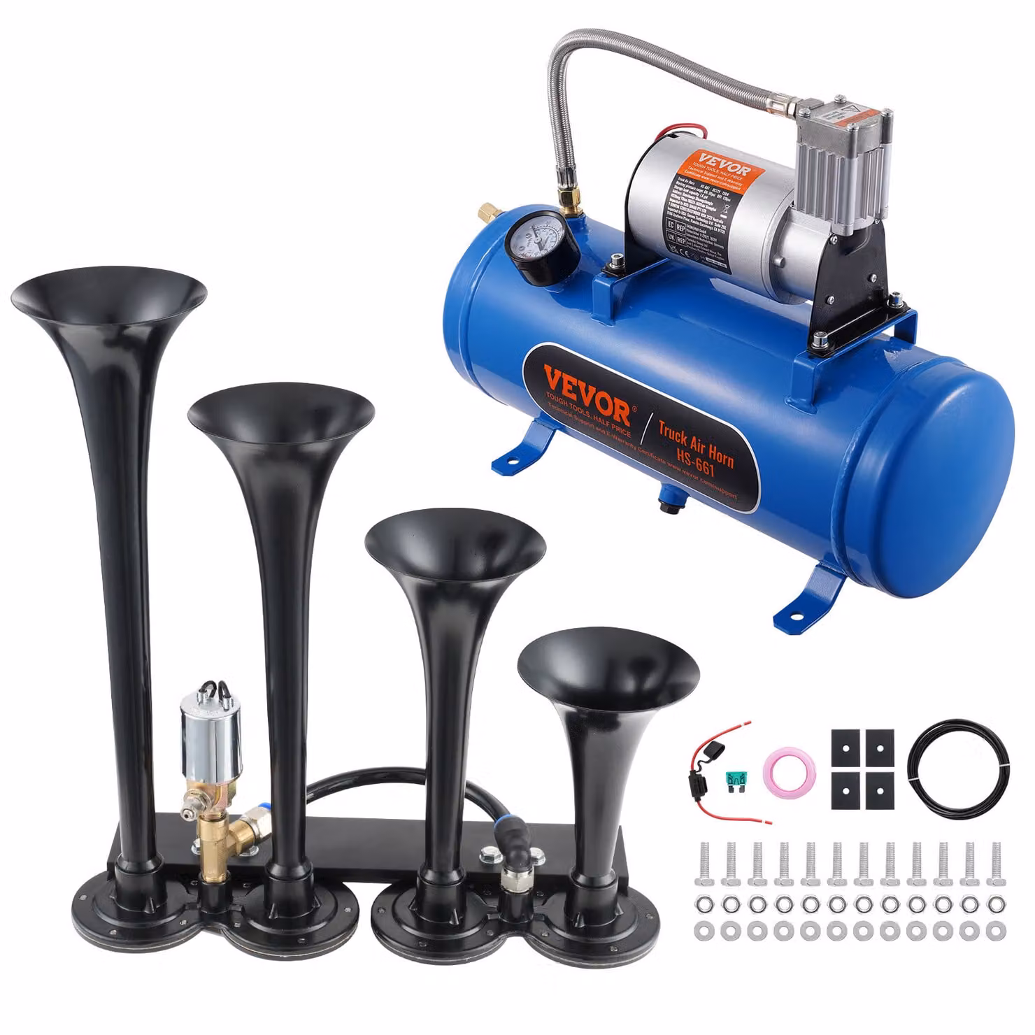 Set di trombe da treno VEVOR 190 W, set di trombe ad aria a 4 trombe, trombe da treno da 150 dB per camioncini, compressore d'aria da 12 V 90-120 psi, serbatoio da 6 L con manometro per qualsiasi veicolo da 12 V, auto, camion, treno, furgone, barca, ecc.