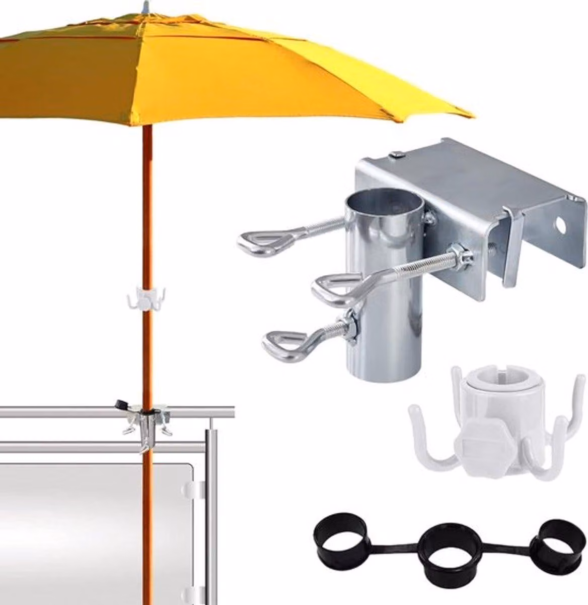 Supporto regolabile per ombrellone, ideale per balconi, terrazze e tavoli, con diametro da 25 a 38 mm. Offre una tenuta stabile e un design resistente